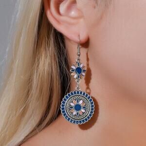 New Boho Blue Daisy Flower Circle Long Earrings